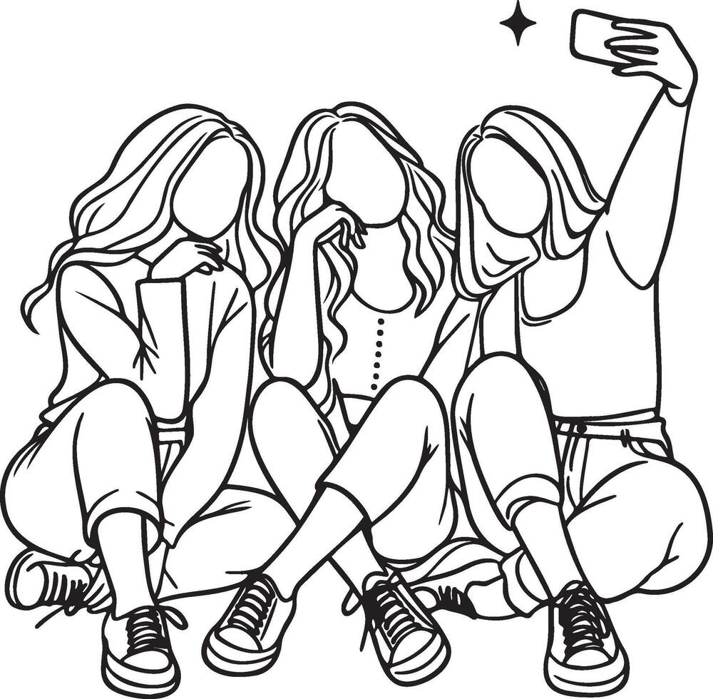 Friends Sitting and Selfie Together Line Drawing. vector