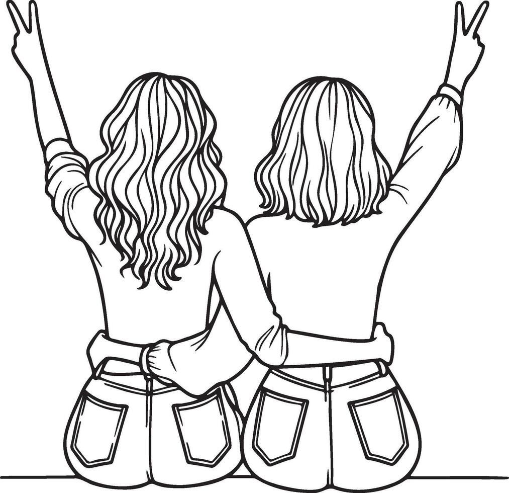 Girl Friends Sketch Drawing. vector
