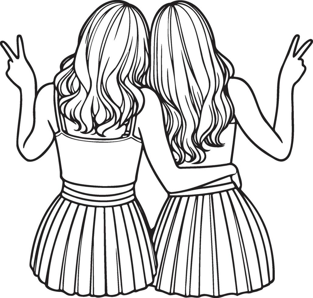 Girl Friends Sketch Drawing. vector