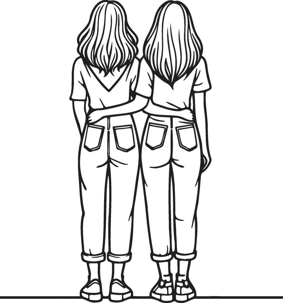 Girl Friends Sketch Drawing. vector