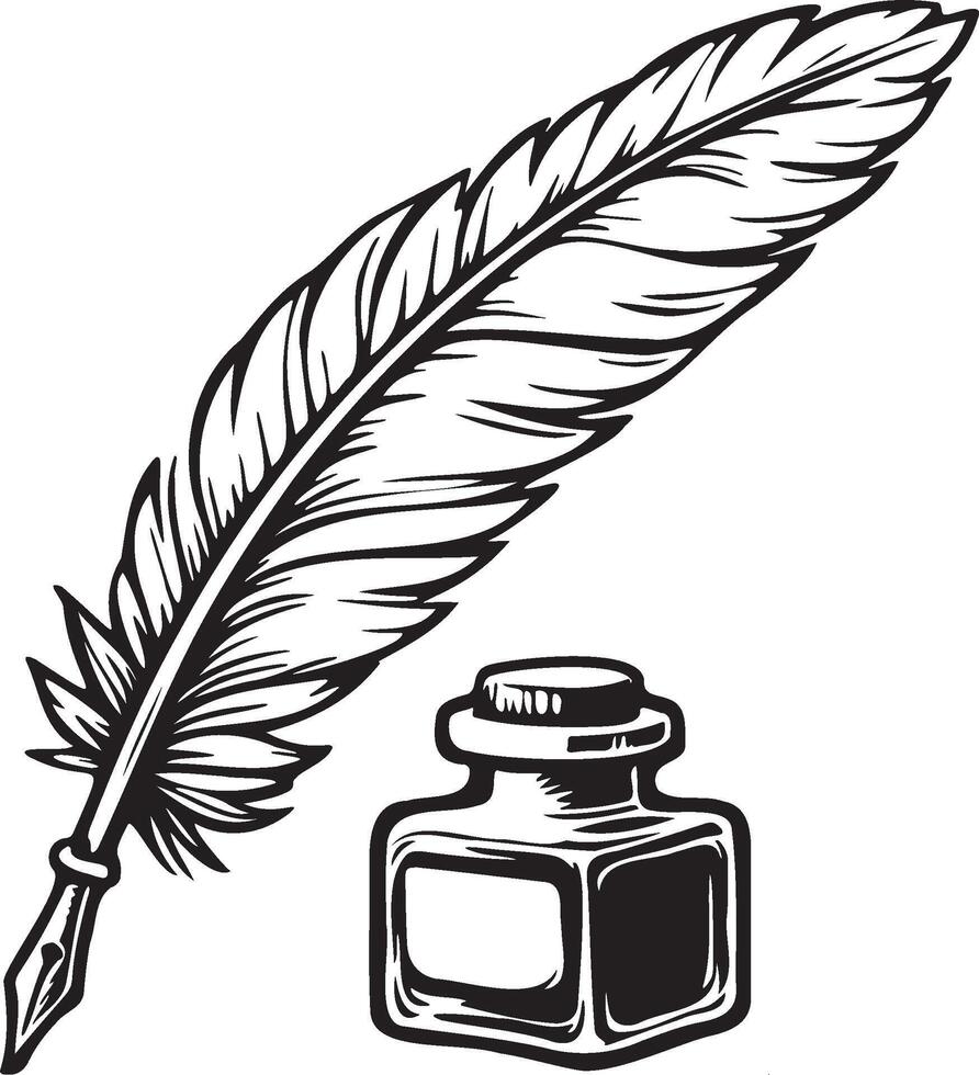 Quill Pen and Ink Bottle. vector