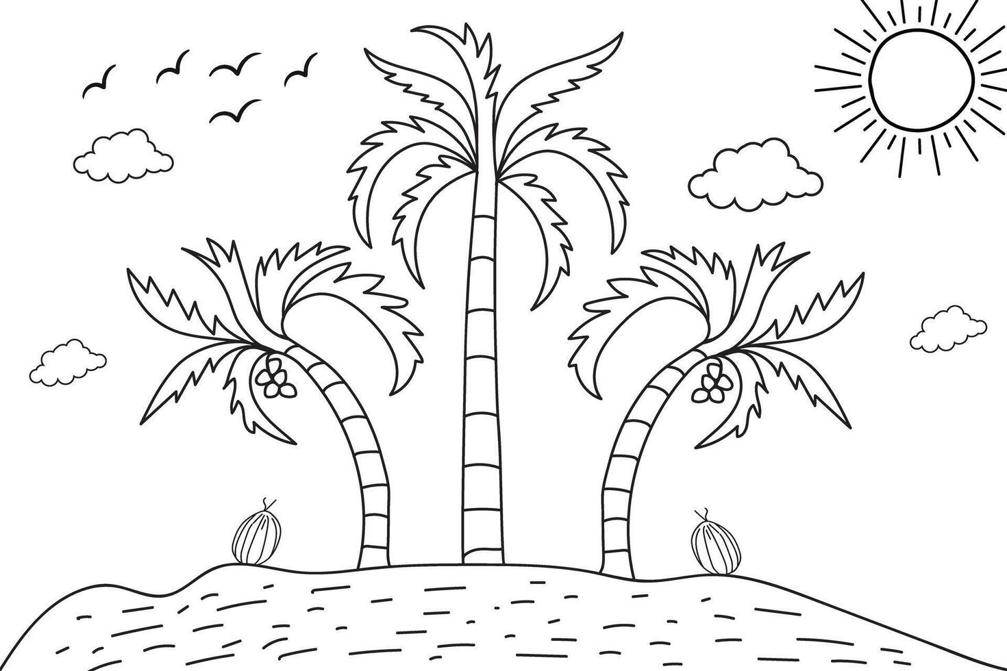Summer sunset tropical beach line art sunshine scenery, hand drawn sunset and sunrise outline landscape tropical beach, palm tree with sunset waves Nature view, Kids drawing Beach coloring pages vector