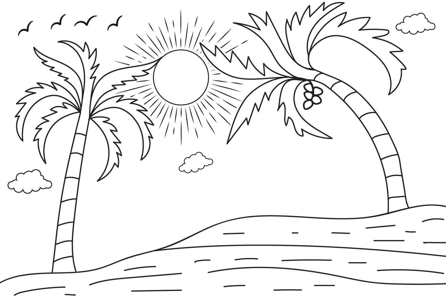 Summer sunset tropical beach line art sunshine scenery, hand drawn sunset and sunrise outline landscape tropical beach, palm tree with sunset waves Nature view, Kids drawing Beach coloring pages vector