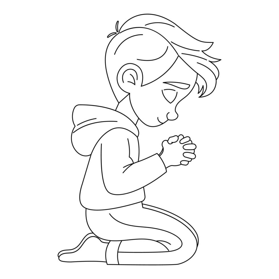 Boy praying on knees, hand-drawn, flat illustration, white background vector
