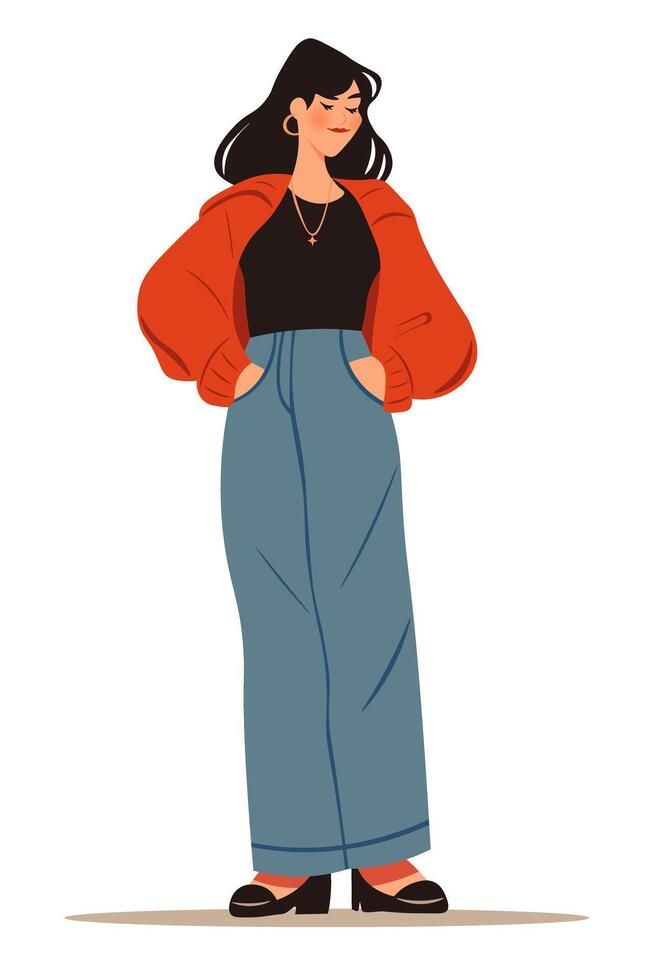 Full length portrait of a woman. Stylish beautiful clothes. Student, street fashion. vector