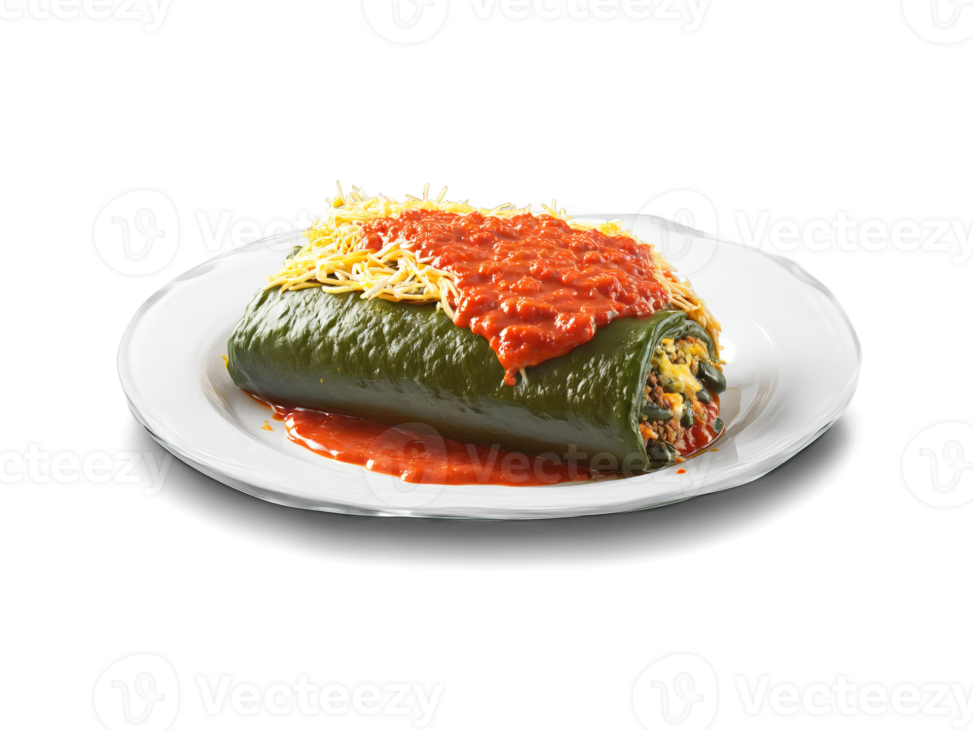 Chile Relleno Burrito with stuffed poblano peppers and tomato sauce