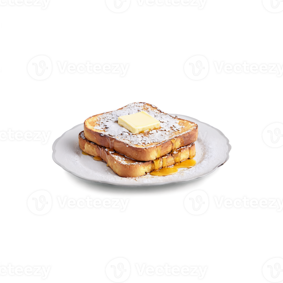 French toast golden brown dusted with powdered sugar with a pat of butter melting on png