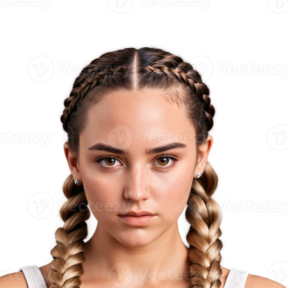 Young woman with side Dutch braid and nose stud plain face piercing eyes frowning mouth. Essence of diverse femininity. png