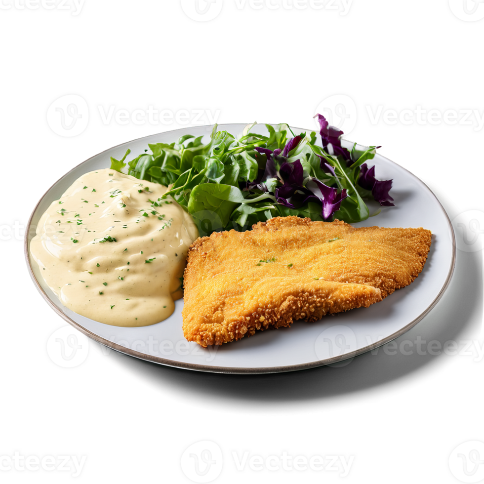 Fried catfish fillet cornmeal crust garnished with remoulade sauce