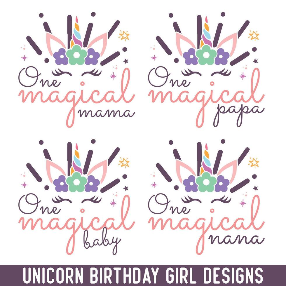 One magical Unicorn birthday girl design bundle vector
