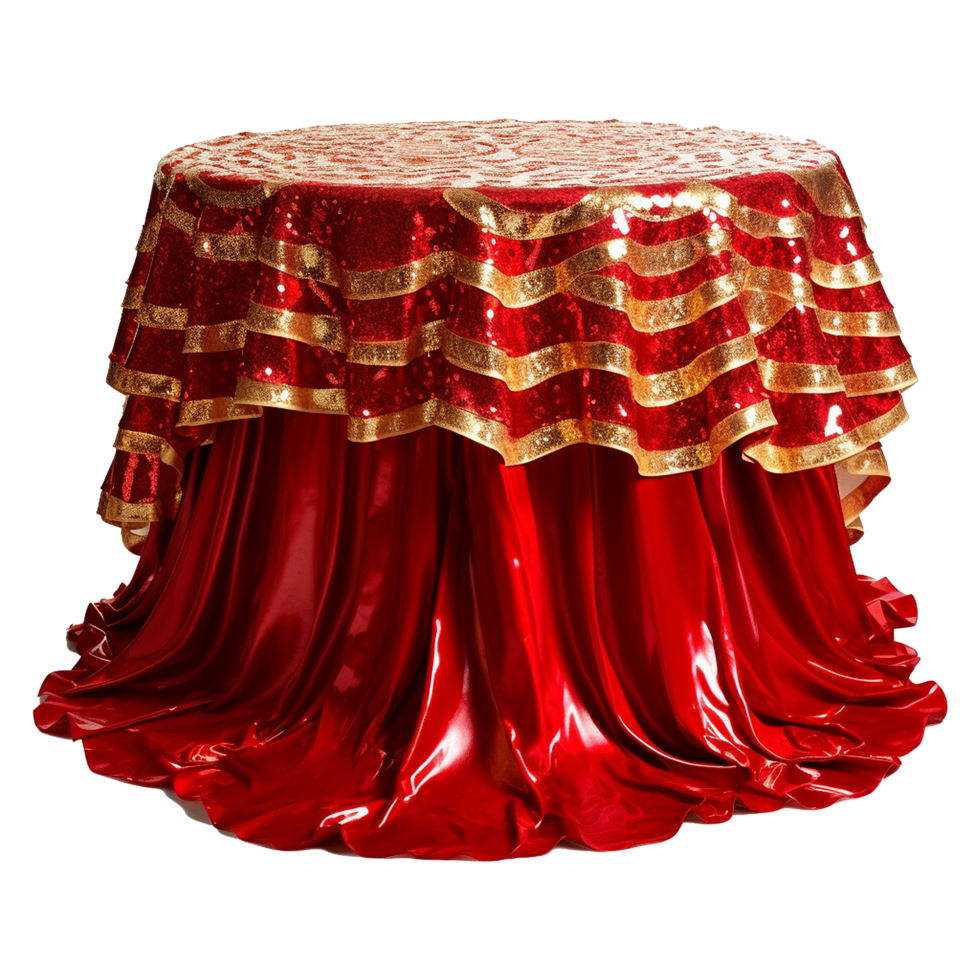 Beautiful red and gold sequin table cloth isolated on transparent background png