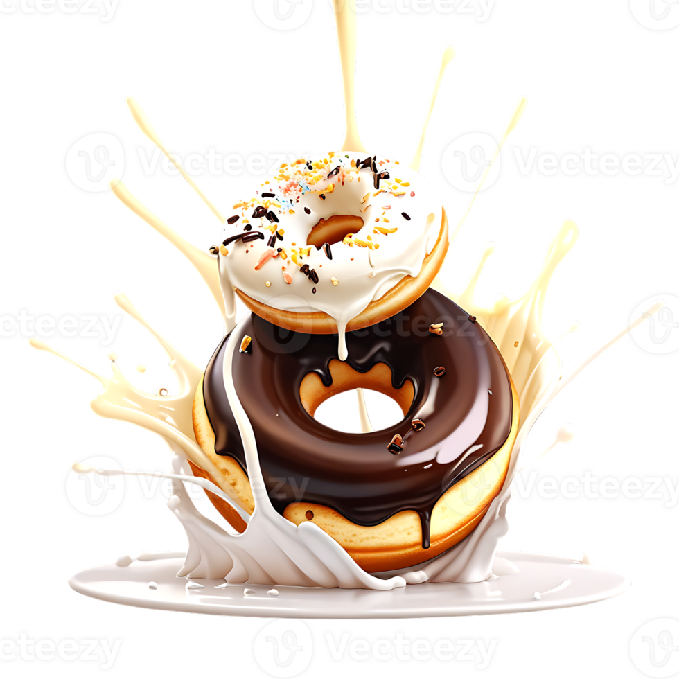 Donuts in dark and white chocolate with splashes isolated on a transparent background png