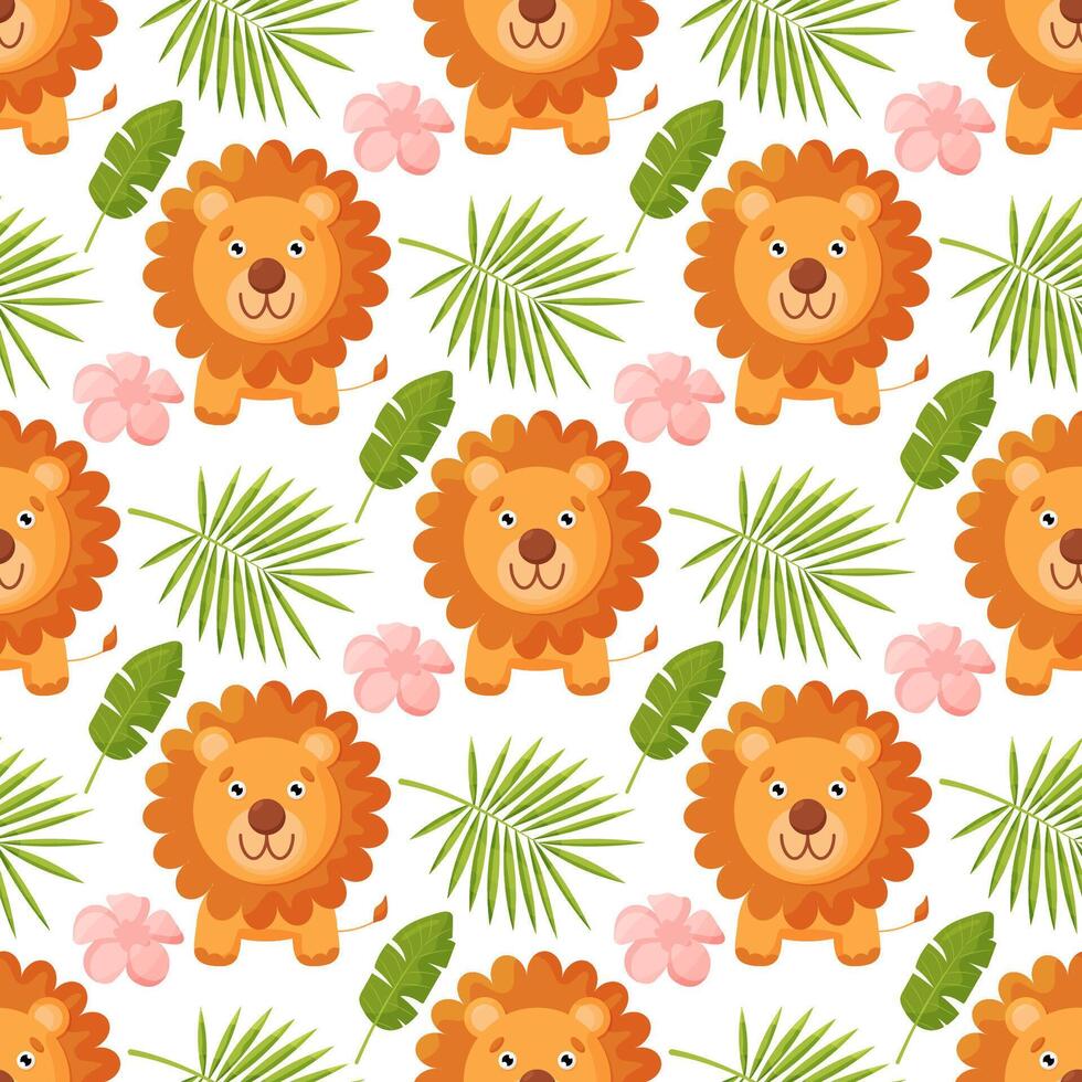 Cute jungle baby endless background. seamless pattern with lions and tropical plants in bright colors. vector