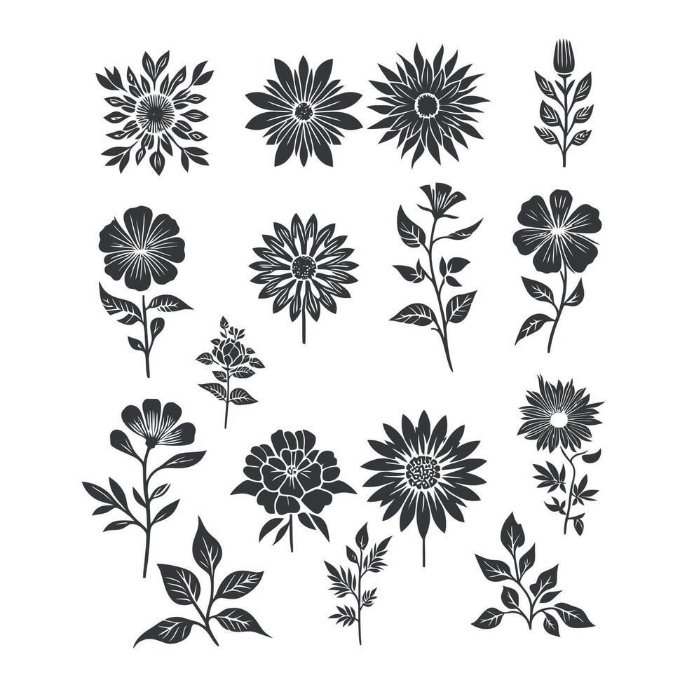 Flat design flower silhouettes and leaves floral element design template illustration vector