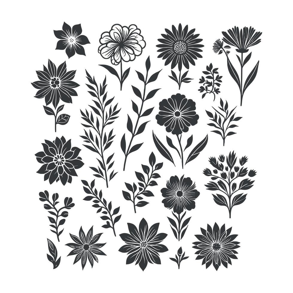 Flat design flower silhouettes and leaves floral element design template illustration vector