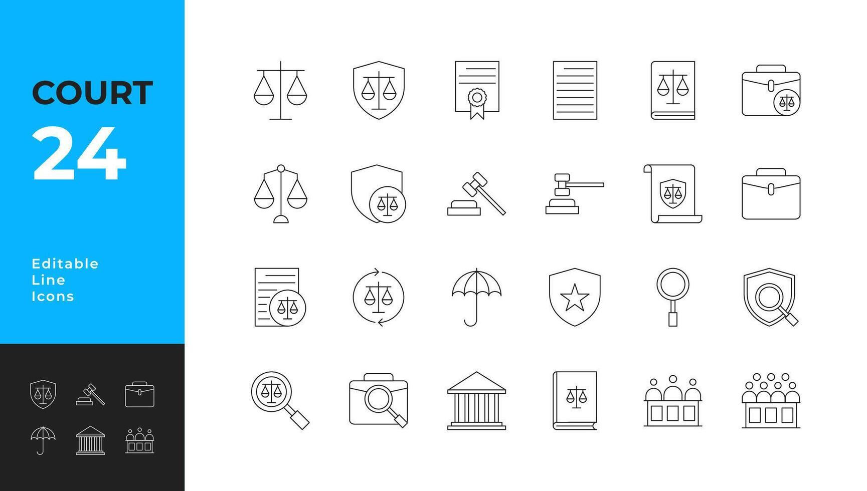 Court Icons set. Containing lawyer, judge, justice, and more. Thin icon collection vector