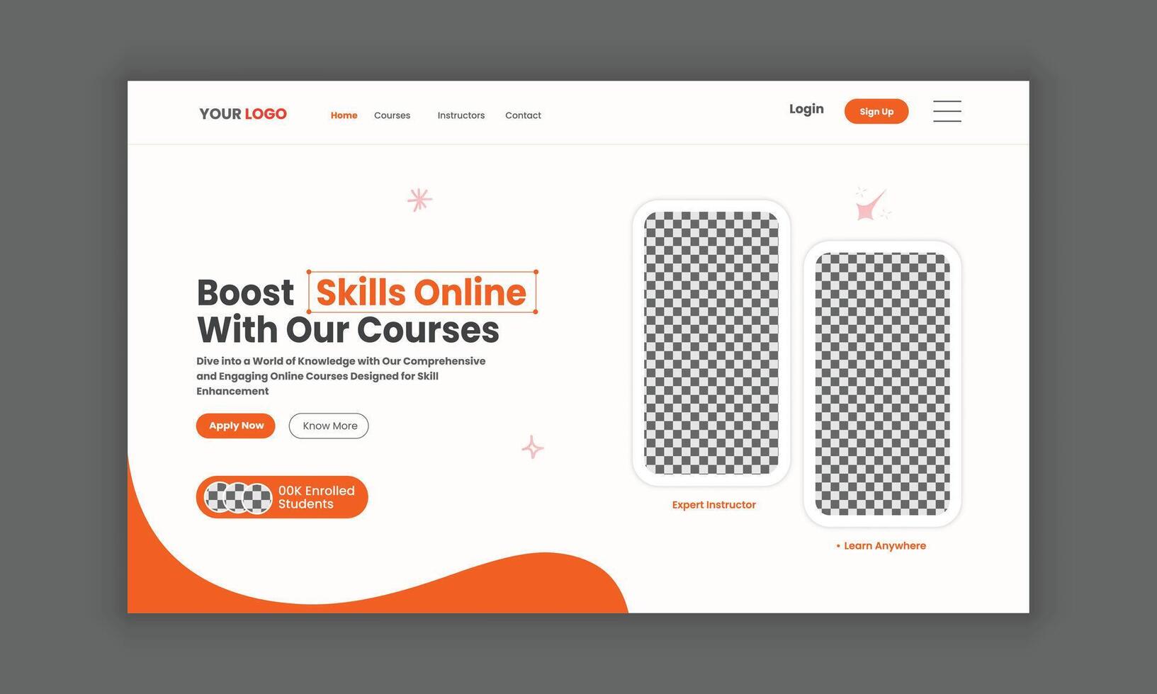 LMS website landing page or education landing page, course sale landing page, website homepage for online learning, website hero section banner design template. web banner design. vector