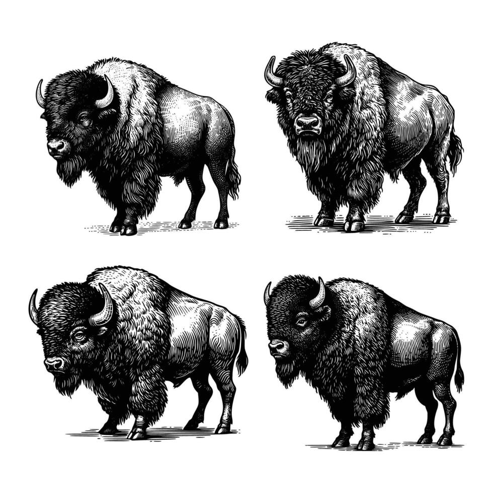 set of bison illustration. black and white hand drawn bison illustration isolated white background vector