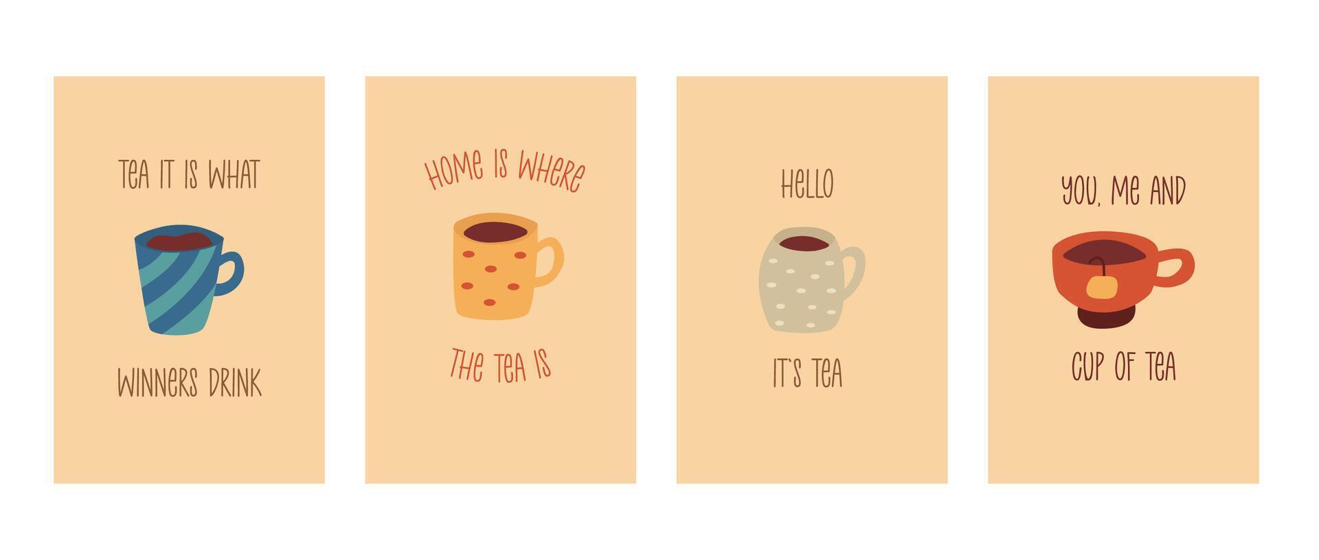 Set of cards with cute cups of tea and phrases. cartoon vector