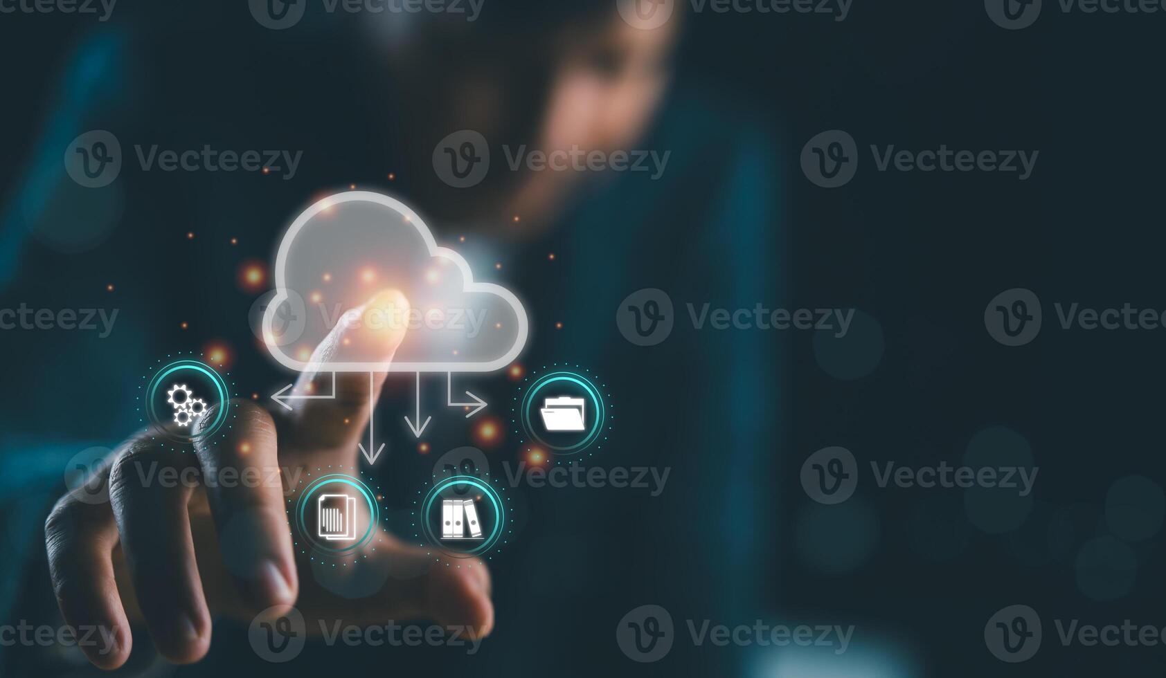 Business people touching on cloud computing diagram. Cloud technology. Data storage. Networking and internet service concept. Information system for business. Online data management system. photo