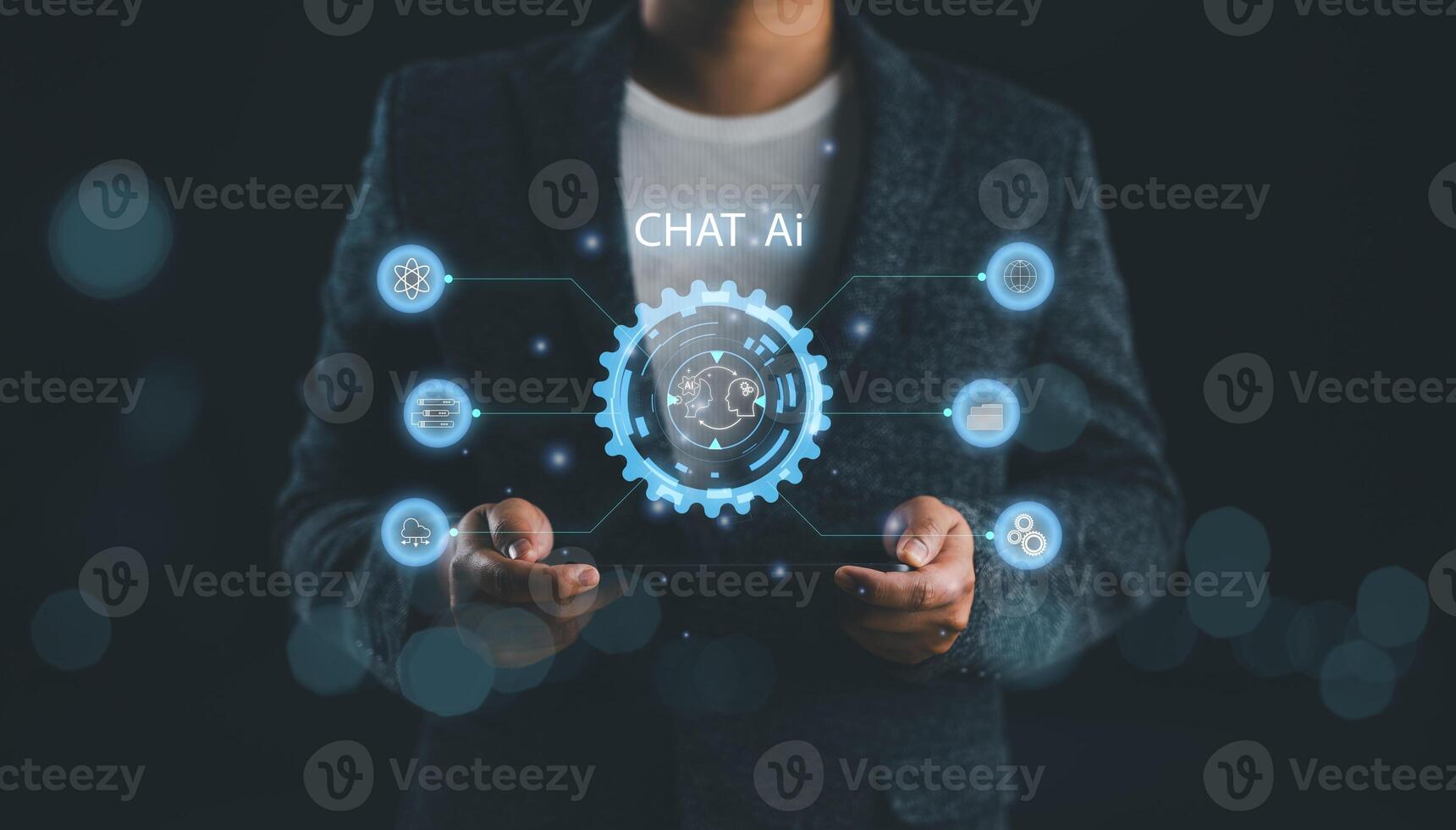Chat with AI, Artificial Intelligence. Man using technology smart robot AI, artificial intelligence by enter command prompt for generates something, Futuristic technology transformation. photo