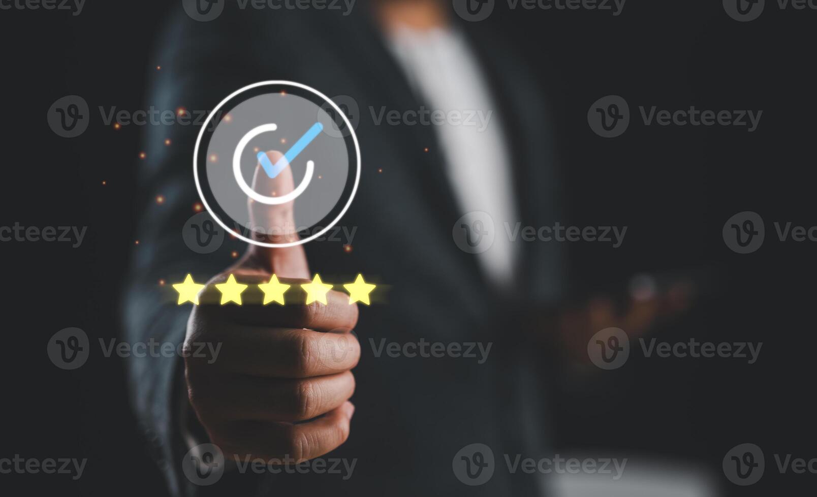 Hand thumb up with the sign of the top service Quality assurance, Guarantee, Standards, ISO certification and standardization concept. Best Quality product and service. Customer service. photo