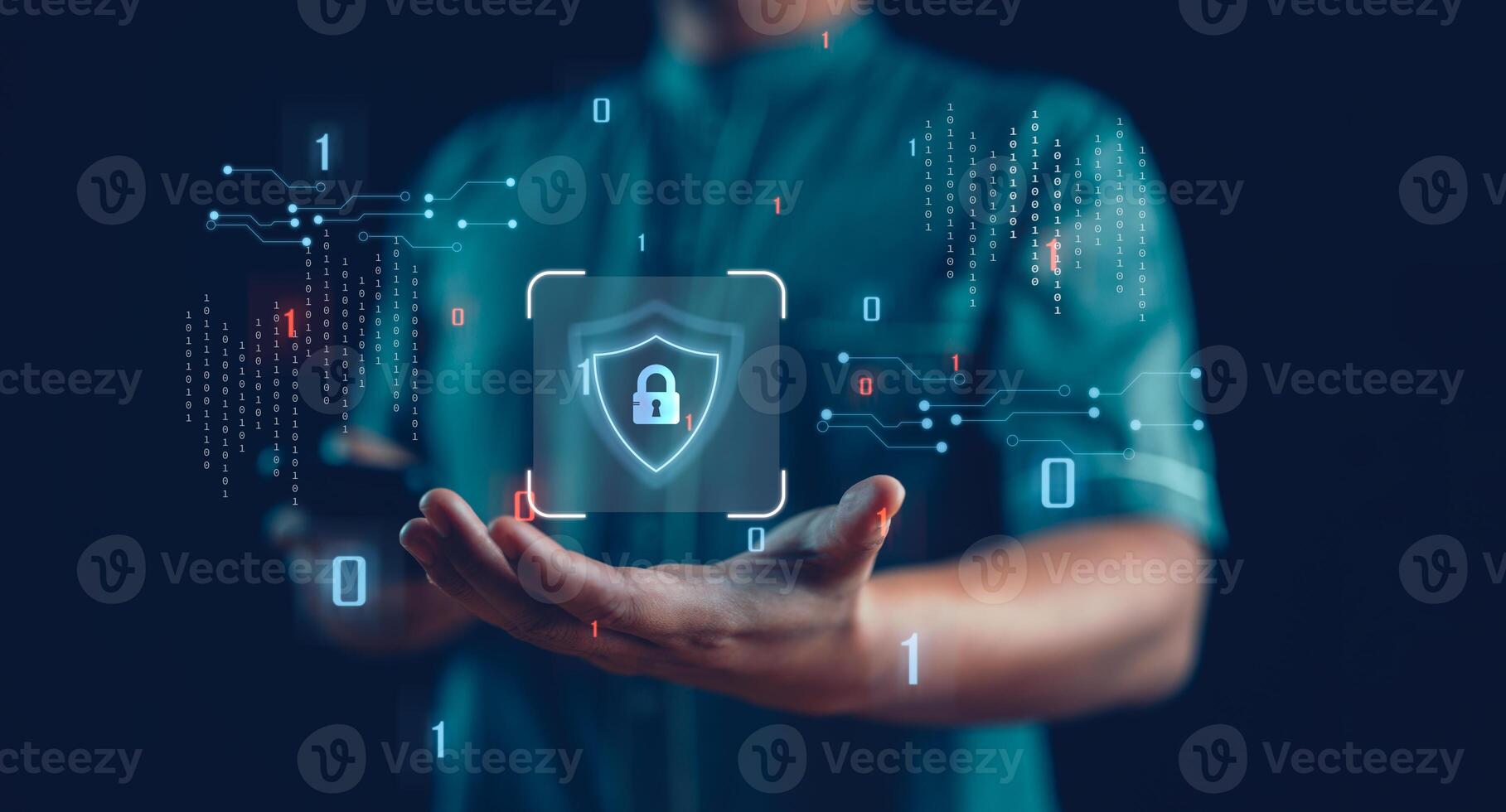 Businessman protecting personal data on smartphone, virtual screen interfaces. cyber security. Cybersecurity and privacy concepts to protect data. Lock icon and internet network security technology. photo
