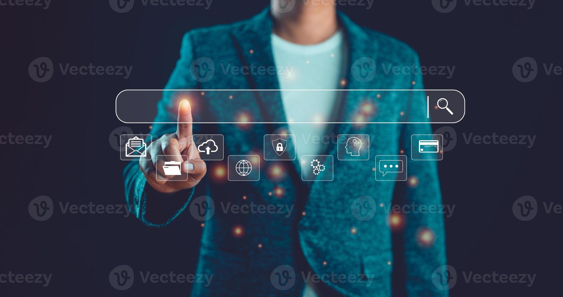 Businessman Search On Virtual Screen Data Search Technology Search Engine Optimization. Man use computer to Searching for information. Using web Console for data, SEO.Search with Ai assistant. photo