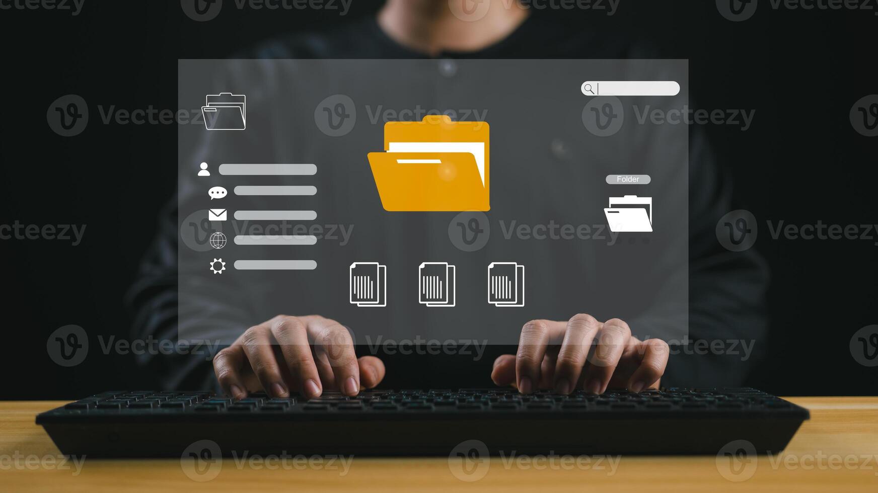 Folder document Management System DMS Open File folder with flying blank documents with computer. File Sharing, Document Transferring, Data transfer backup concept. Searching and managing files. photo