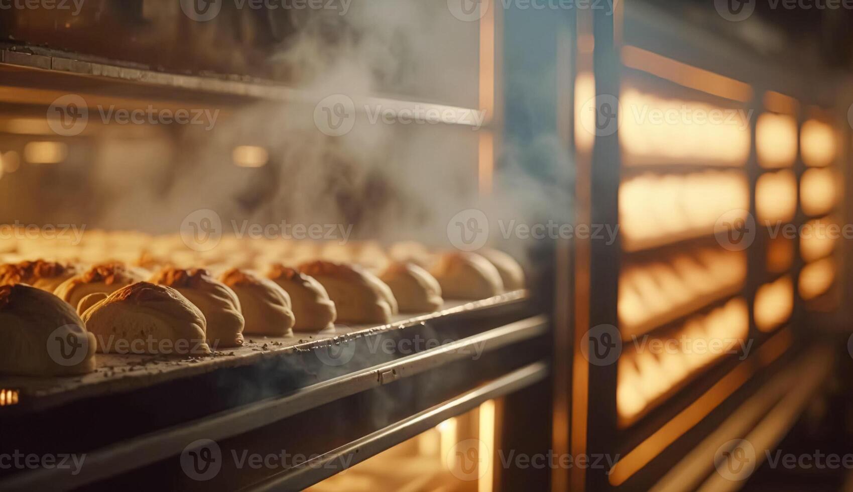 Bakery with hot fresh bread and pastry baking in the old town bakery, freshly baked products on shelves and the oven, small local business and food production photo