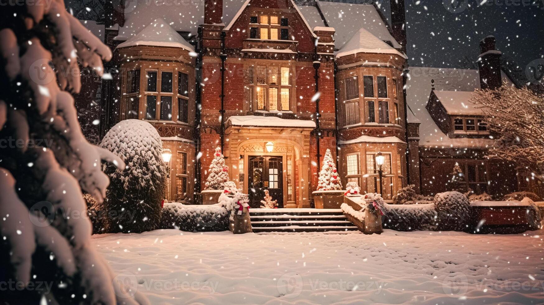 Christmas in the countryside manor, English country house mansion decorated for holidays on a snowy winter evening with snow and holiday lights, Merry Christmas and Happy Holidays photo
