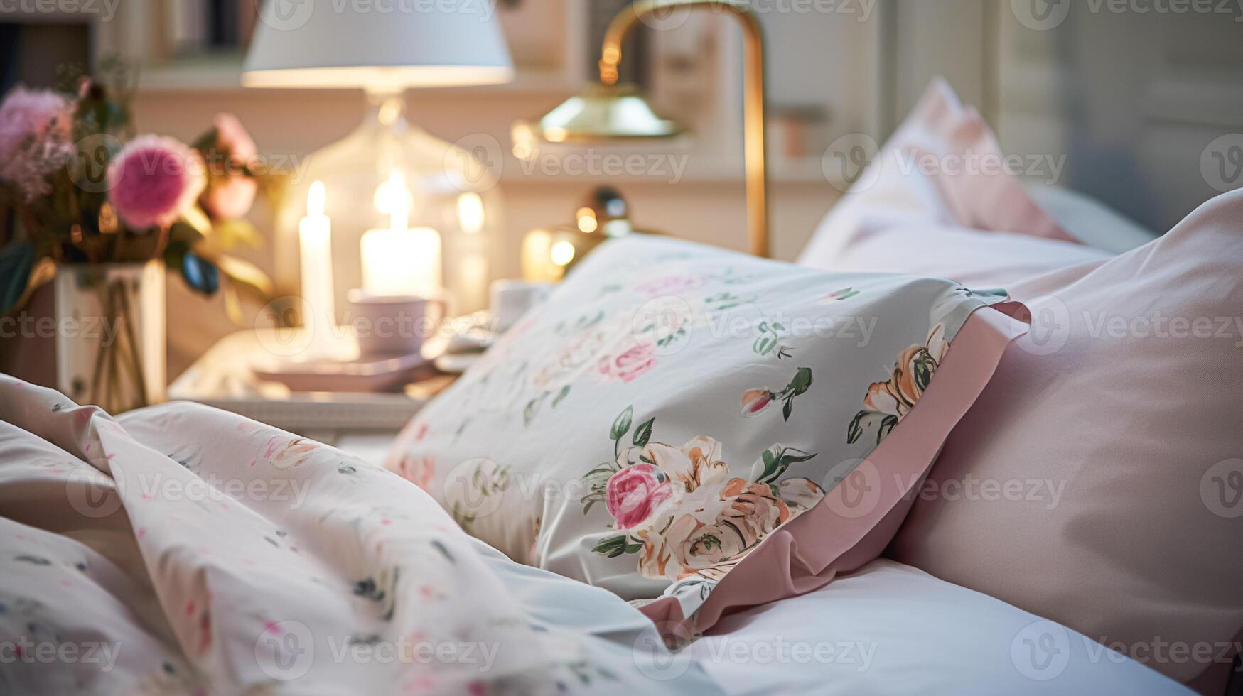 Modern cottage evening bedroom decor, interior design and home decor, bed with elegant bed linen bedding and lamp in English country house, holiday rental and cottage style photo