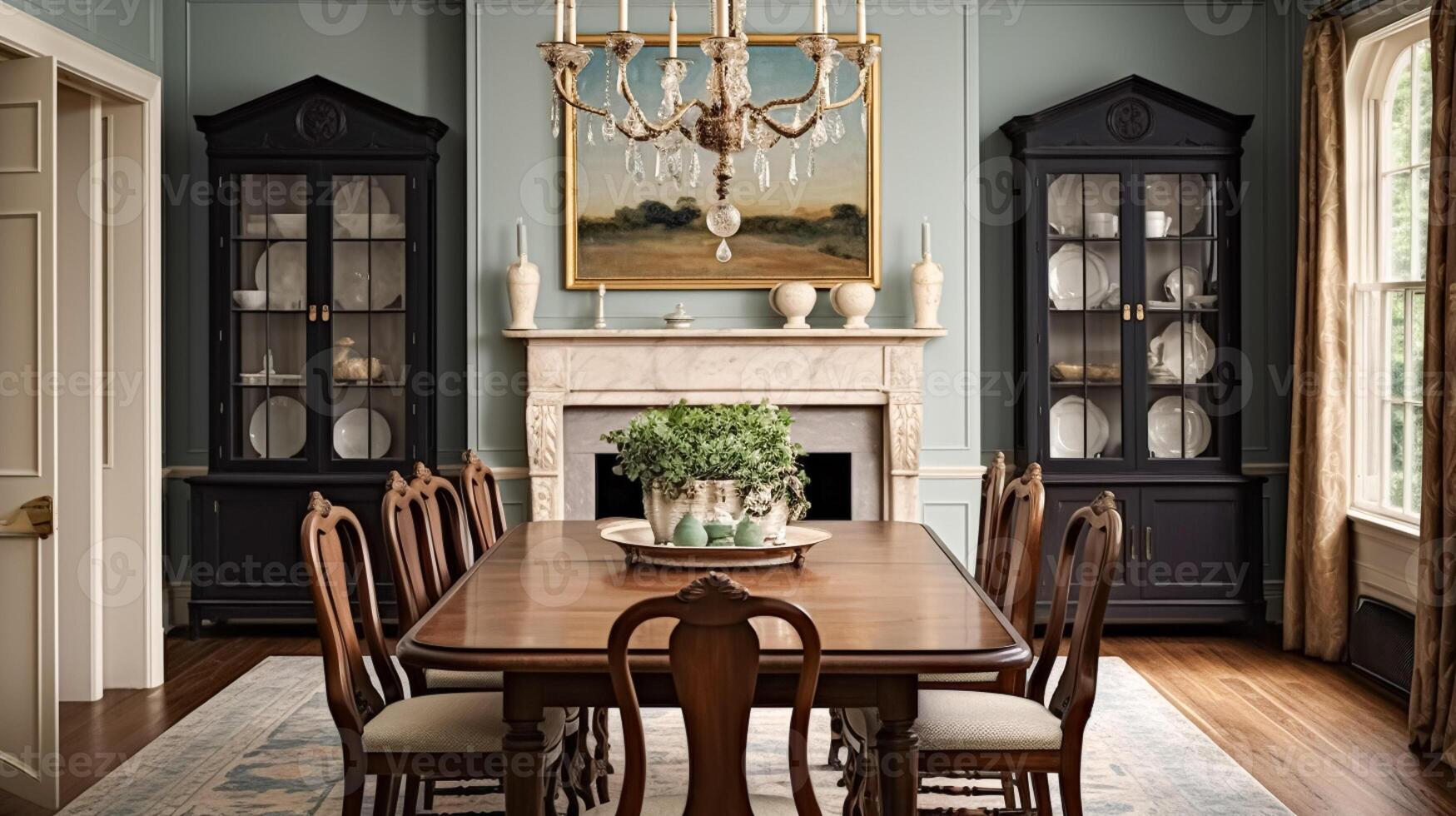 Cottage dining room decor, interior design and dark wood country house furniture, home decor, table and chairs, English countryside style photo