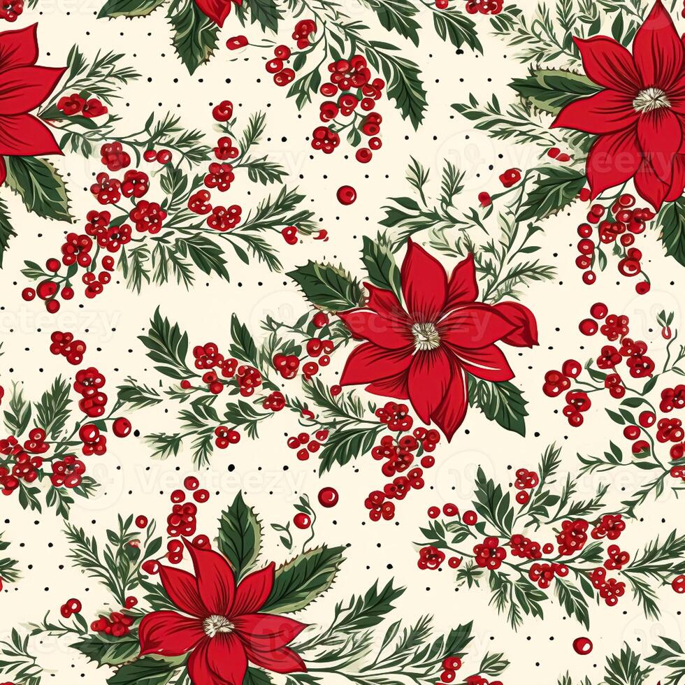 Seamless pattern, tileable Christmas holiday floral country dots print, English countryside flowers for wallpaper, wrapping paper, scrapbook, fabric and product design photo