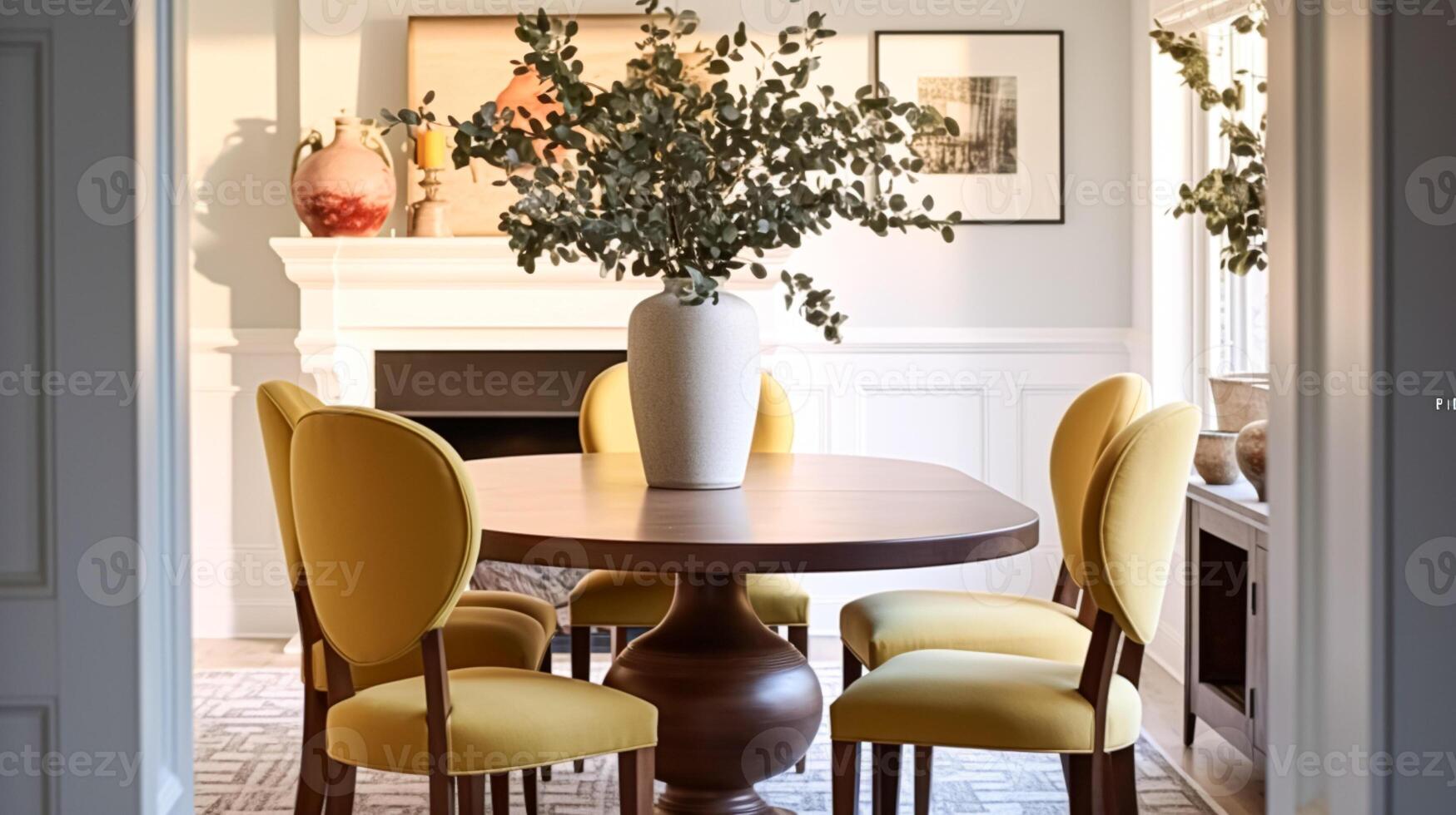 Modern cottage dining room decor, interior design and country house furniture, home decor, table and yellow chairs, English countryside style photo