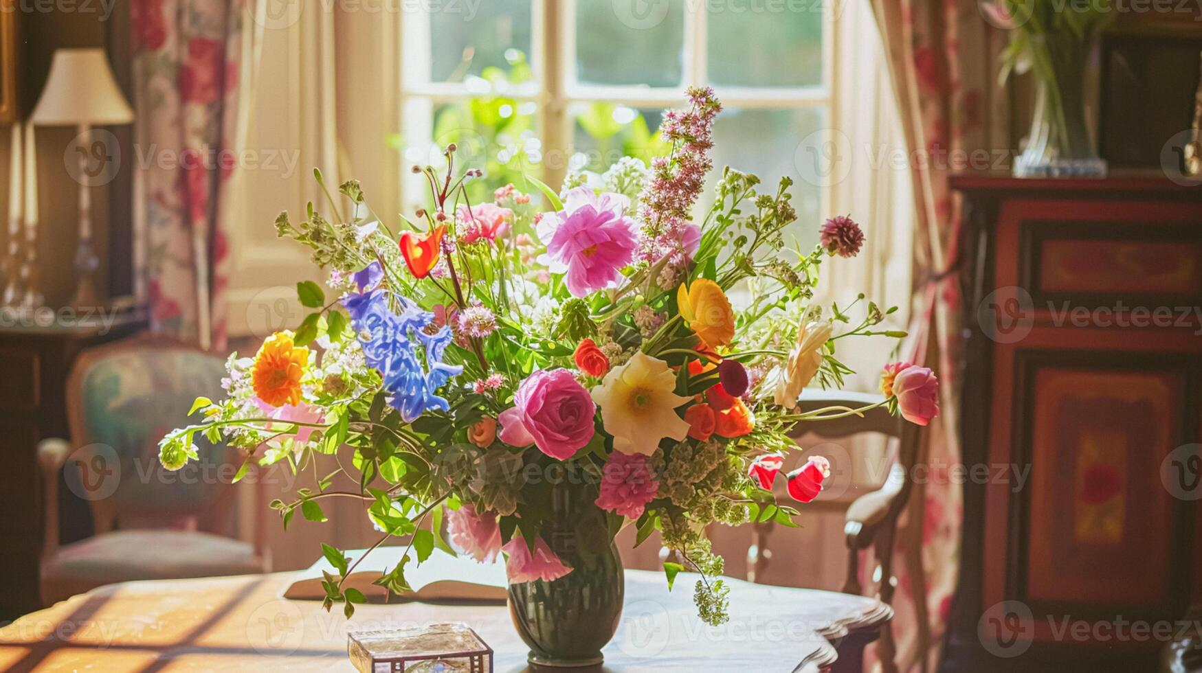 Spring flowers in vintage vase, beautiful floral arrangement, home decor, wedding and florist design photo