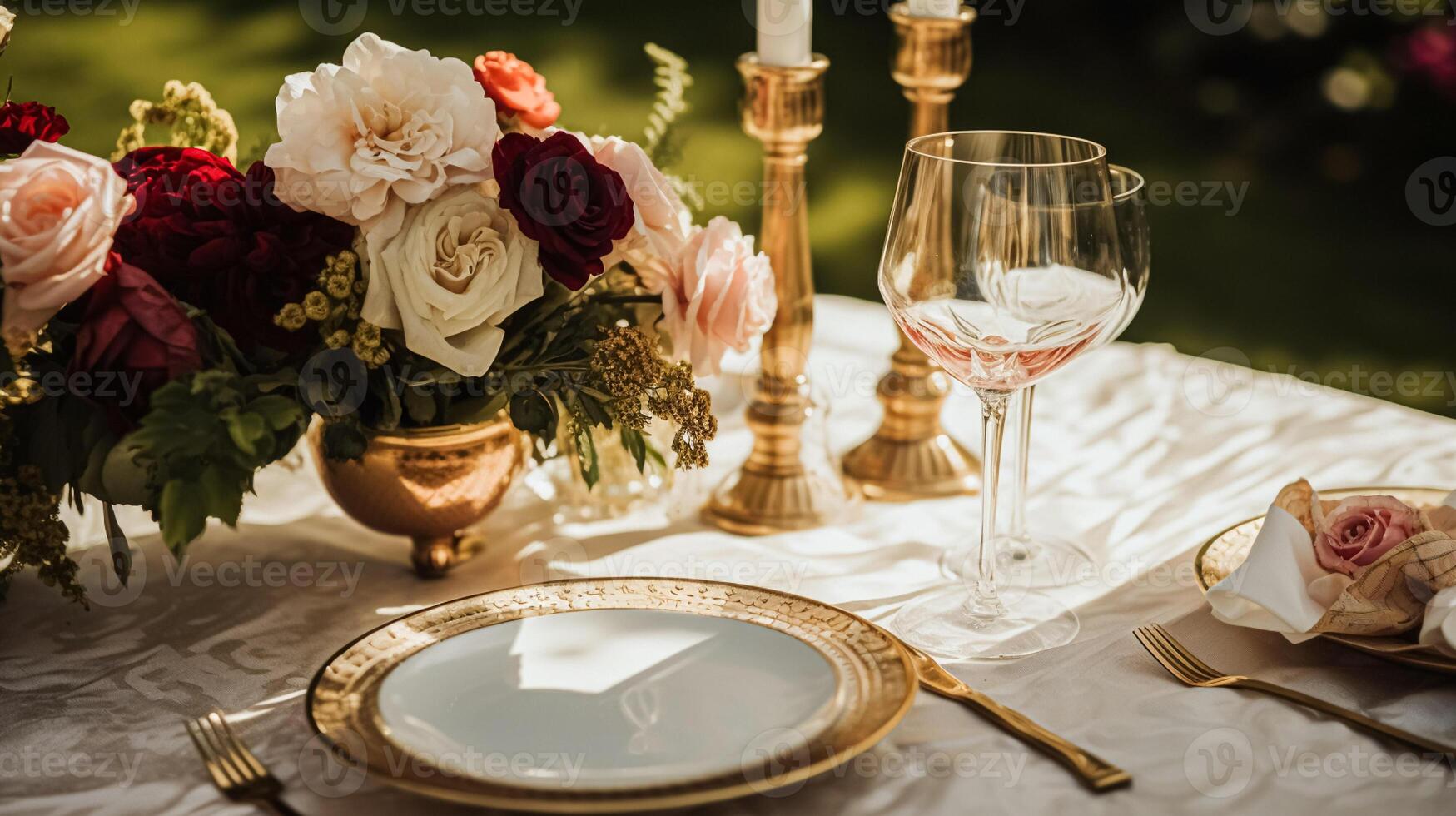 Wedding and event celebration tablescape with flowers, formal dinner table setting with roses and wine, elegant floral table decor for dinner party and holiday decoration, home styling photo