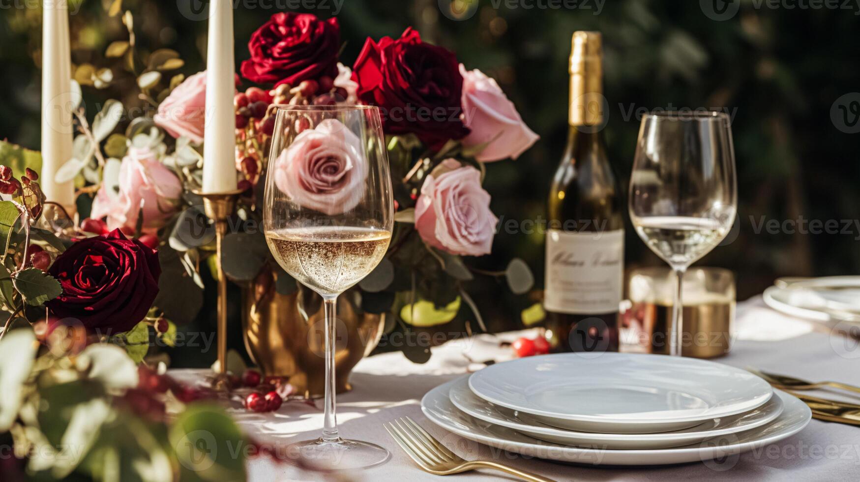 Wedding and event celebration tablescape with flowers, formal dinner table setting with roses and wine, elegant floral table decor for dinner party and holiday decoration, home styling photo