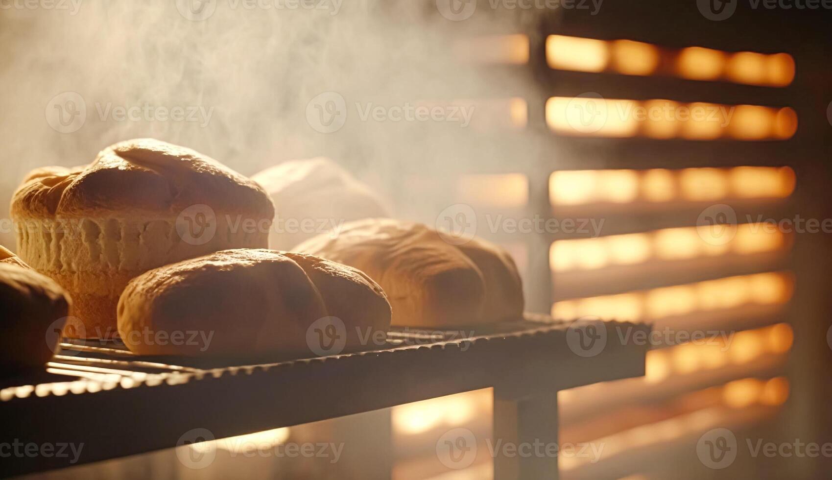 Bakery with hot fresh bread and pastry baking in the old town bakery, freshly baked products on shelves and the oven, small local business and food production photo
