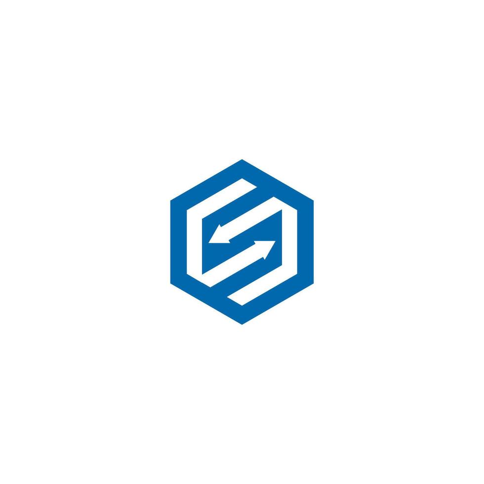 a blue and white hexagon logo with a blue arrow vector