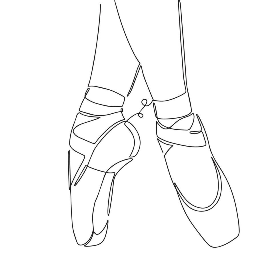 Ballerina's feet in pointe shoes. World Ballet Day. One line drawing for different uses. Pointe shoes line art drawing on white background. Outline ballet vector