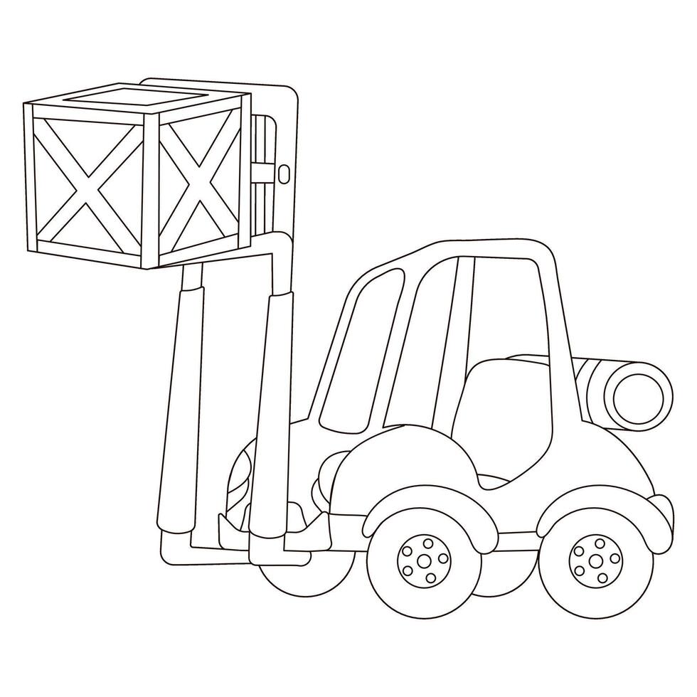 Black and white Forklift truck in line art style from side view, vector