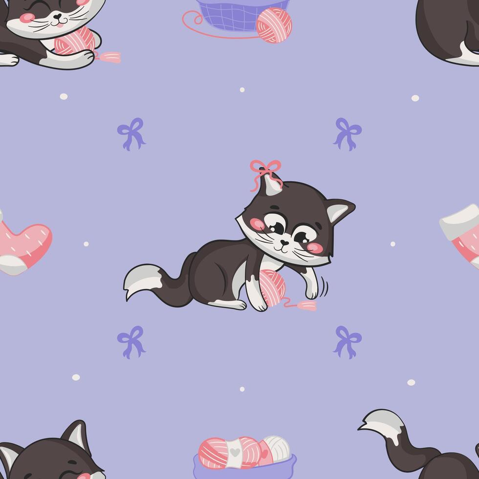Cute cats playing with the yarn seamless pattern vector