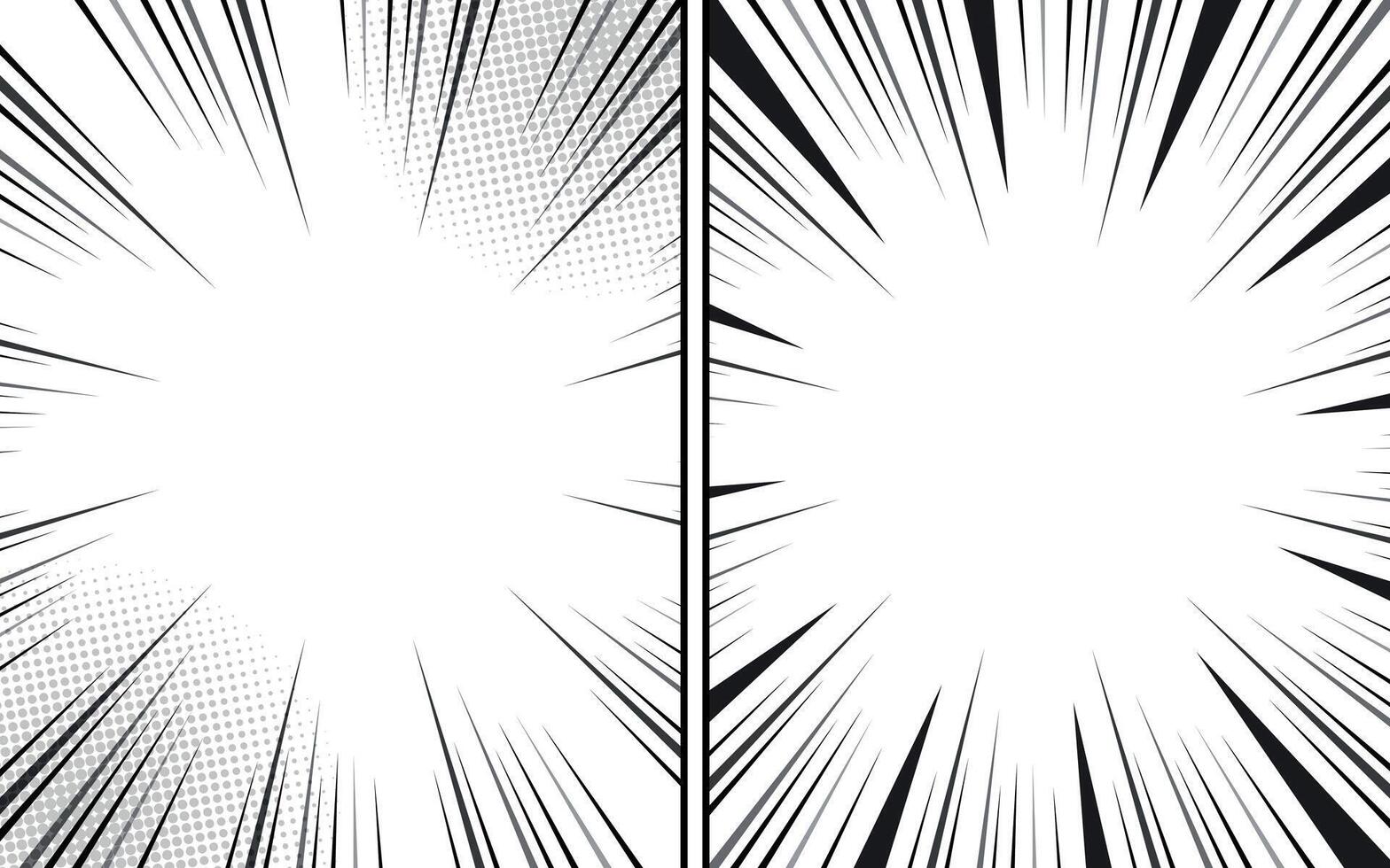 comic book page template with radial speed lines background in manga anime style. black and white illustration vector