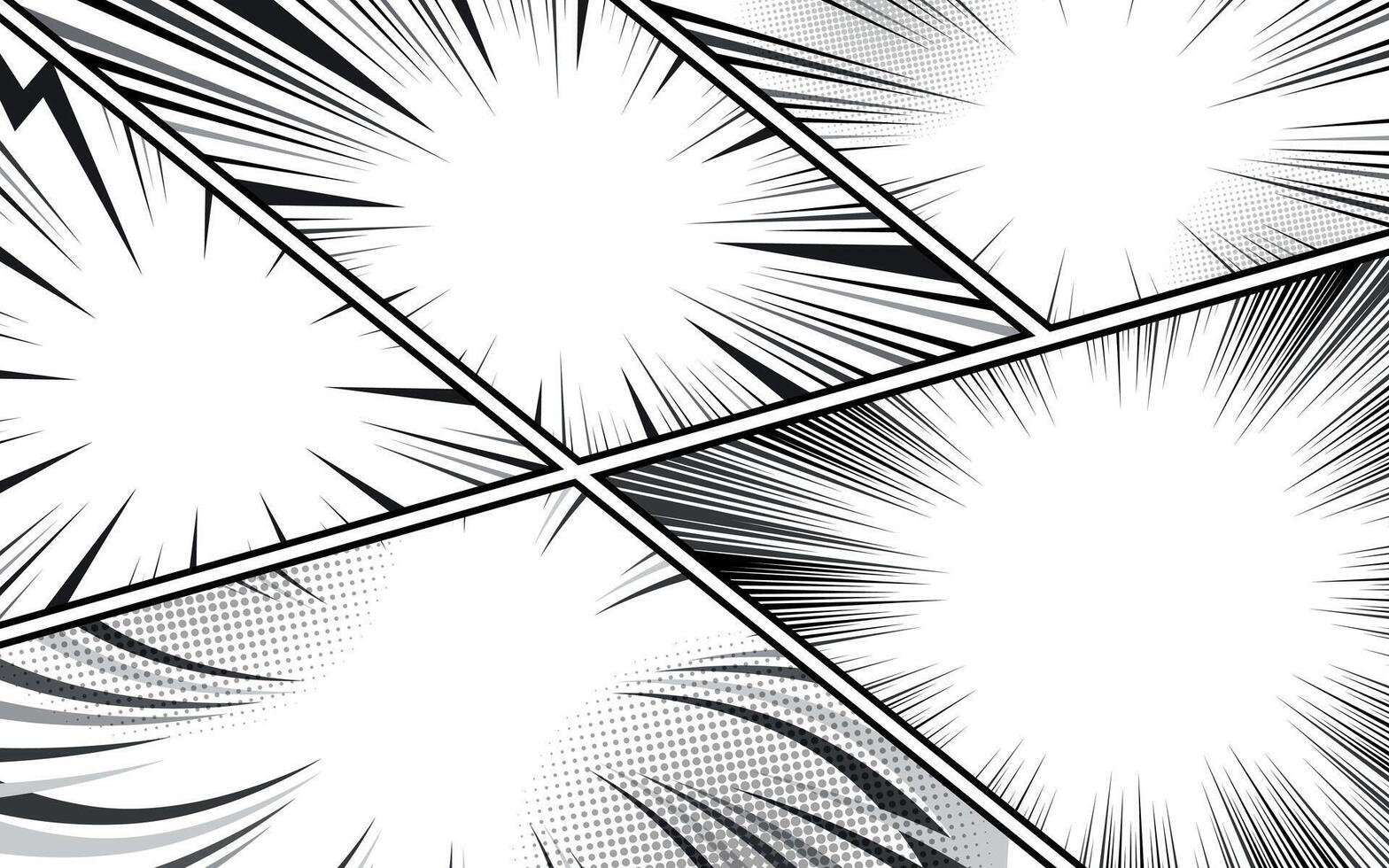 comic book page template with radial speed lines background in manga anime style. black and white illustration vector