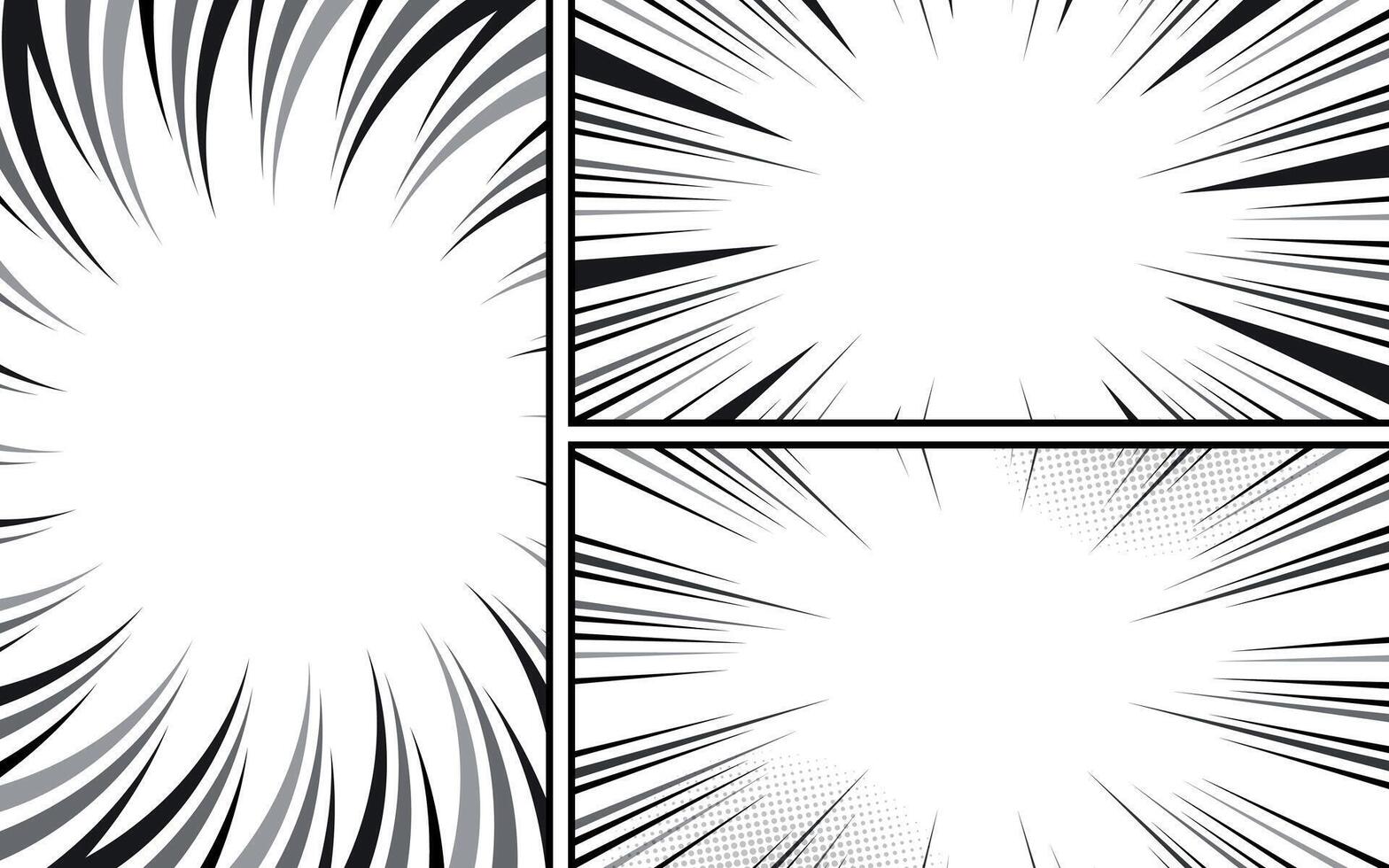 comic book page template with radial speed lines background in manga anime style. black and white illustration vector