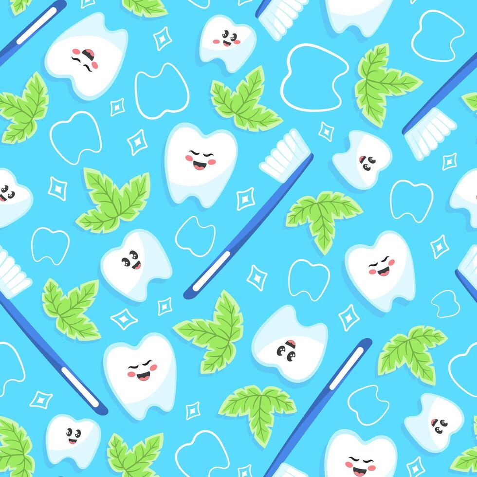 Kawaii seamless pattern with cute tooth character, mint and toothbrush vector