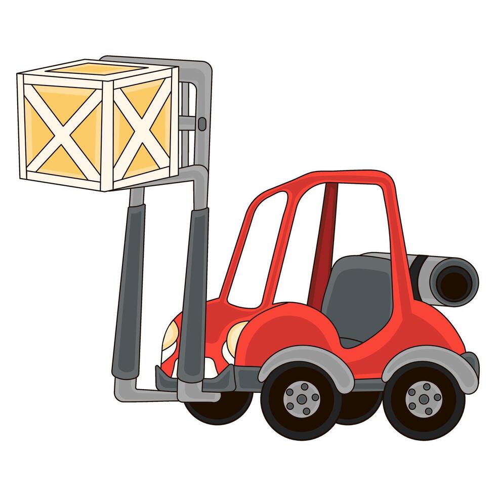 Red Forklift truck in cartoon style from side view, vector
