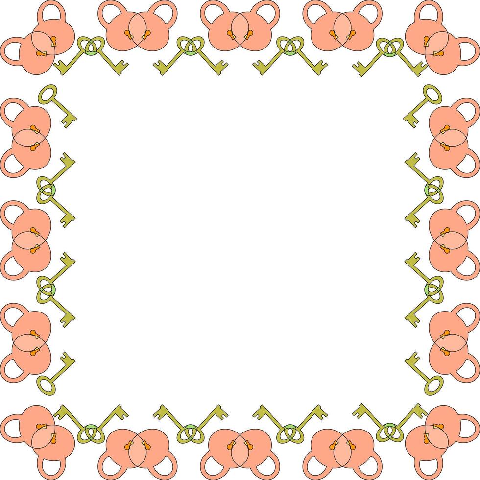Square frame of keys and locks in orange tones on a white background vector