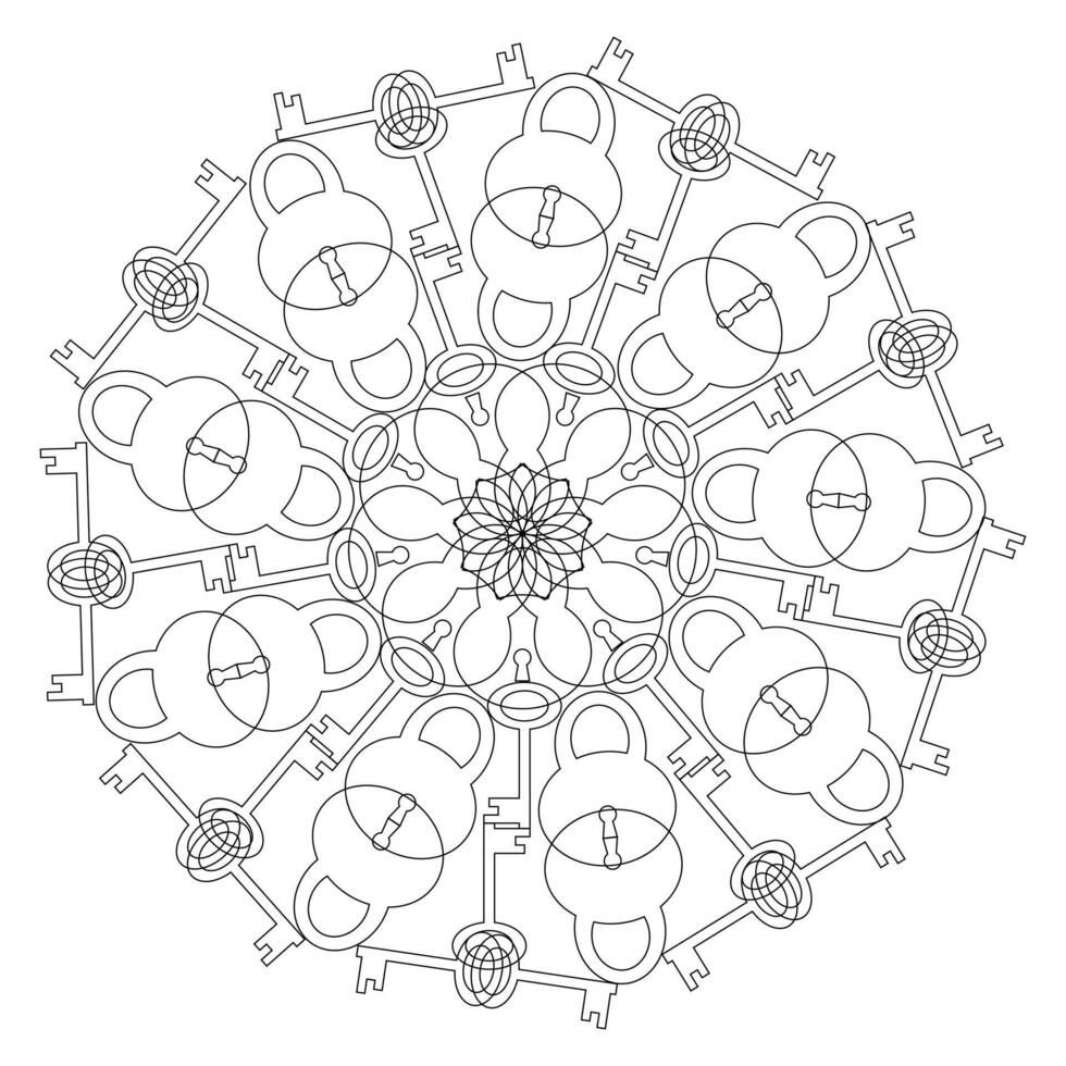 Mandala black and white with locks and keys on a white background vector